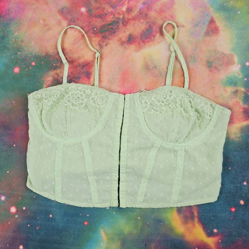 Lace Trim Bustier‎ Crop Top, Light Green Corset Style Cami, Adjustable Straps